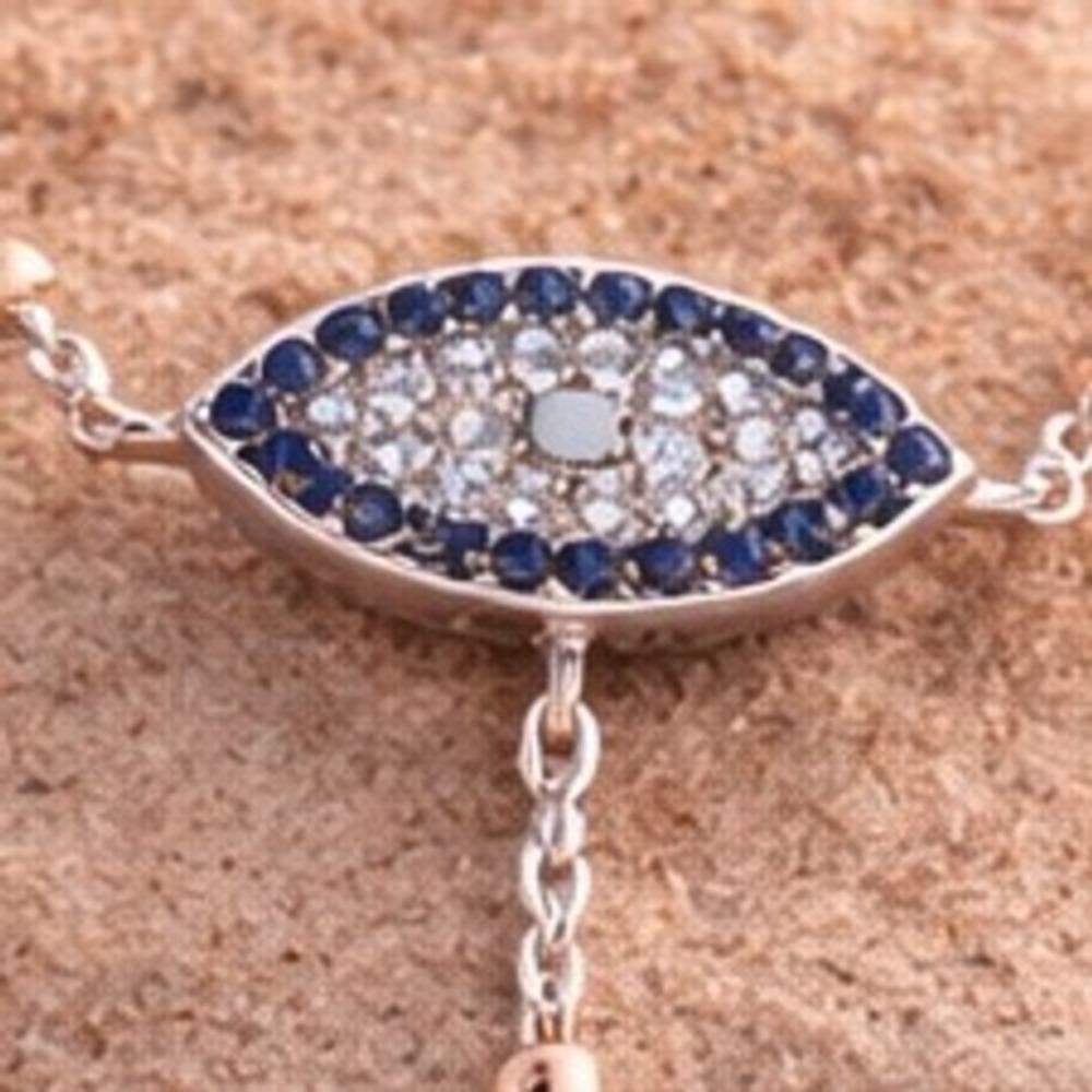Evil Eye Necklace Y-Drop Lariat Silver-Tone Blue CZ Adjustable Chain Protection - Picture 3 of 8
